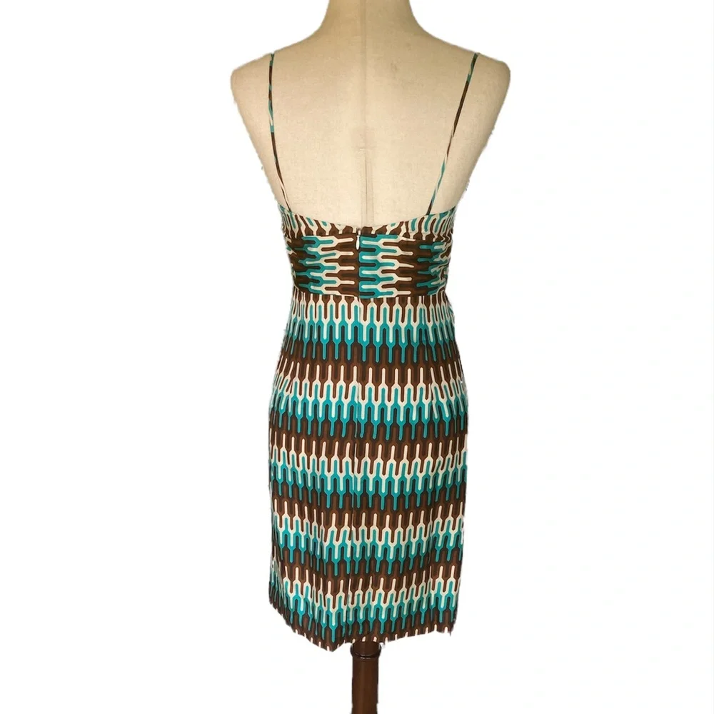 Milly of NY Silk Teal Green Brown Geometric Sheath Slip Column Dress - 6